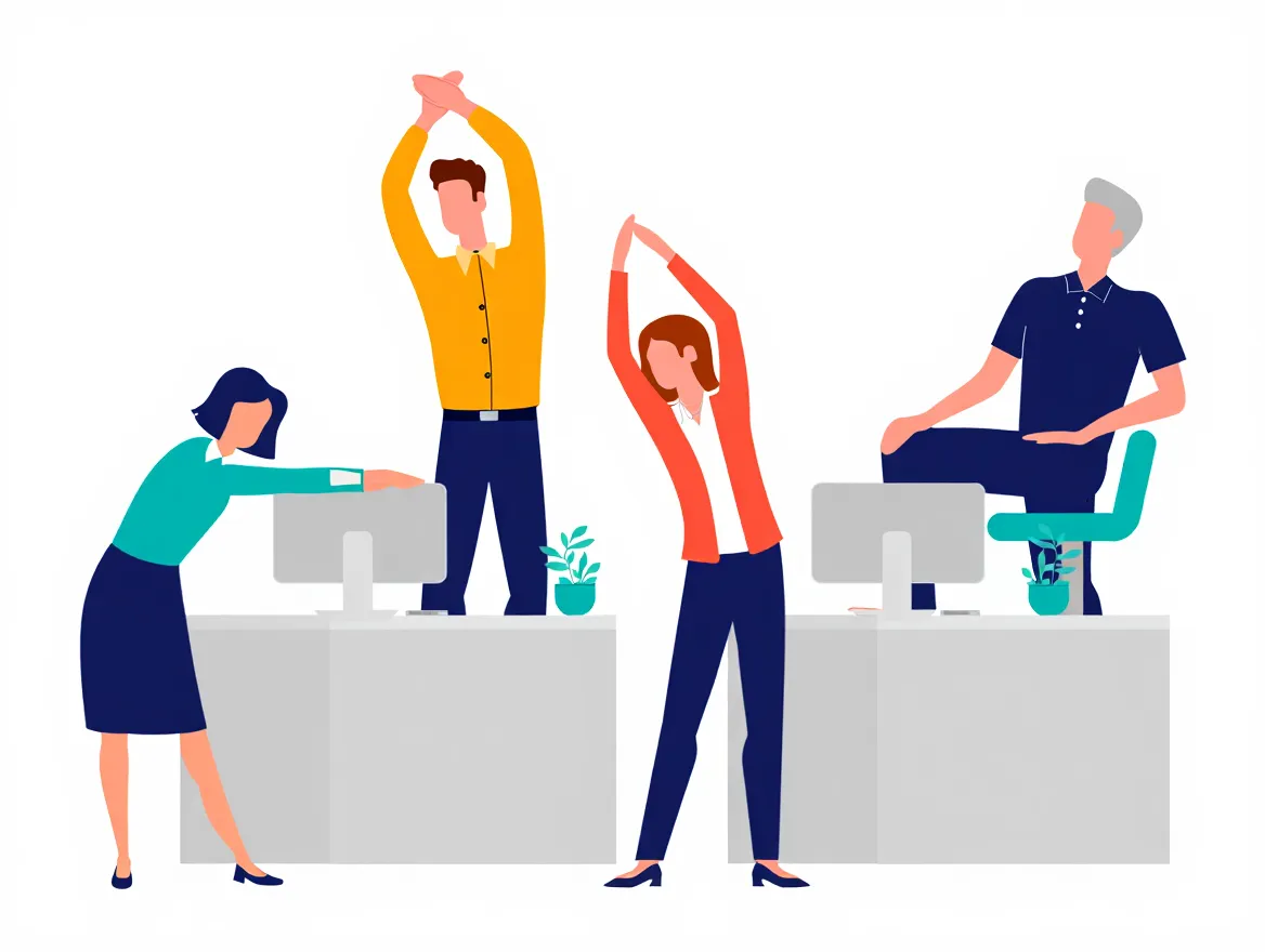 Illustration av stretchövningar vid ett skrivbord